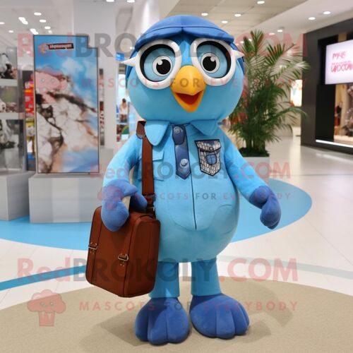 Personnage De Costume De Mascotte Redbrokoly De Faucon Bleu Ciel Habillé D'une Salopette Et De Sacs À Main