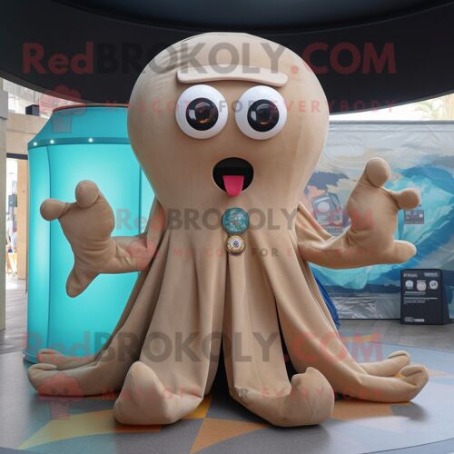 Personnage De Costume De Mascotte Redbrokoly Tan Octopus Habillé Avec Cover-Up Et Rings