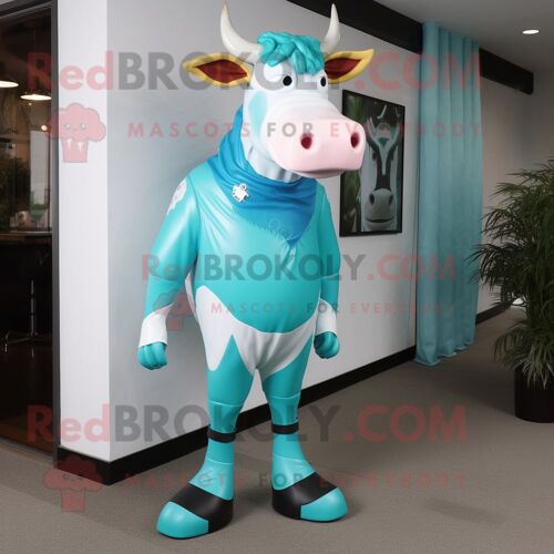 Personnage De Costume De Mascotte Redbrokoly De Vache Jersey Turquoise Habillé Avec Rash Guard Et Pinces À Chaussures
