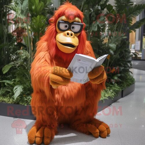 Costume De Mascotte Redbrokoly D'orang-Outan Orange Habillé Avec Une Robe Longue Et Des Lunettes De Lecture