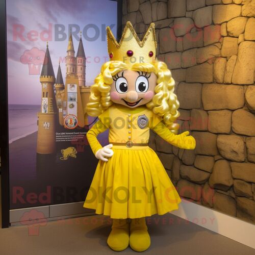 Personnage De Costume De Mascotte Redbrokoly De Château Irlandais Doré Habillé D'une Mini Jupe Et De Pinces À Cheveux