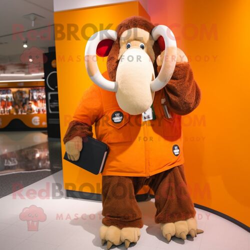 Mascotte Redbrokoly De Personnage De Mammouth Orange Habillé D'une Parka Et De Portefeuilles