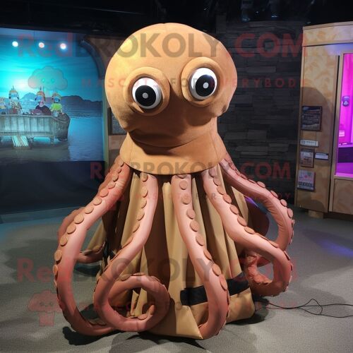 Personnage De Costume De Mascotte Redbrokoly Tan Octopus Habillé Avec Cover-Up Et Rings