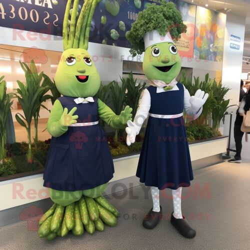 Personnage De Costume De Mascotte Redbrokoly D'asperges Bleu Marine Habillé D'une Robe Midi Et De Ceintures De Smoking