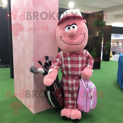 Personnage De Costume De Mascotte Redbrokoly De Sac De Golf Rose Habillé D'une Chemise En Flanelle Et De Ceintures De Smoking