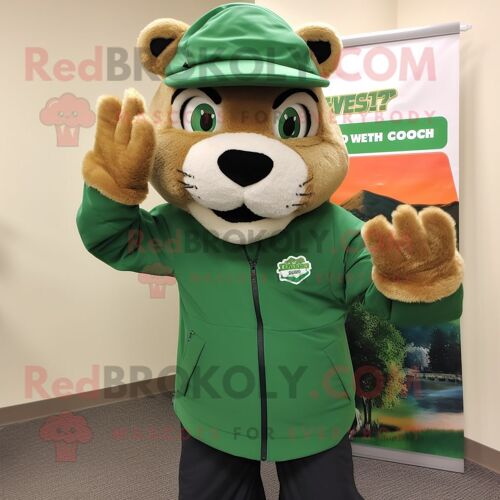 Personnage De Costume De Mascotte Redbrokoly Green Mountain Lion Habillé D'un Col Roulé Et De Chapeaux