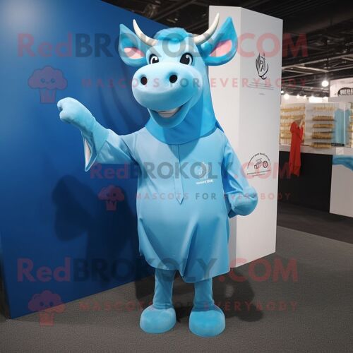 Personnage De Costume De Mascotte Redbrokoly Zébu Bleu Ciel Habillé D'un Cache-Maillot Et D'épingles À Cravate