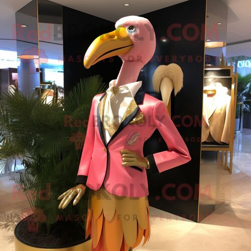 Personnage De Costume De Mascotte Redbrokoly De Flamant Rose Doré Habillé D'une Veste Et D'épinglettes