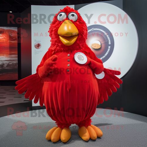 Personnage De Costume De Mascotte Redbrokoly De Poules Rouges Habillé D'une Jupe Circulaire Et De Boutons De Manchette