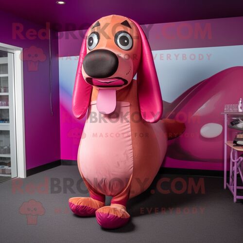 Personnage De Costume De Mascotte Redbrokoly Hot Dog Magenta Habillé D'une Chemise Henley Et De Noeuds Papillon