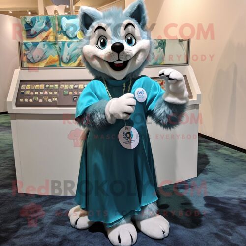 Personnage De Costume De Mascotte Redbrokoly Cyan Say Wolf Habillé D'une Jupe Longue Et De Porte-Monnaie