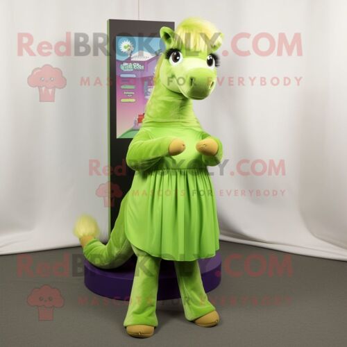 Personnage De Costume De Mascotte Redbrokoly De Jument Vert Citron Vêtu D'une Jupe Plissée Et De Clips D'écharpe