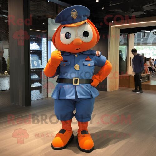 Personnage De Costume De Mascotte Redbrokoly De Soldat De La Marine Orange Habillé D'un Short En Jean Et De Coussinets Pour Les Pieds