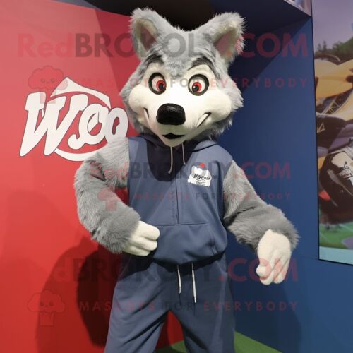 Personnage De Costume De Mascotte Redbrokoly De Loup Habillé D'un Sweat-Shirt Et De Bretelles