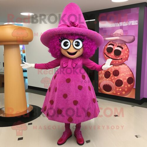 Personnage De Costume De Mascotte Redbrokoly Pizza Magenta Habillé D'une Mini Robe Et D'épingles À Chapeau