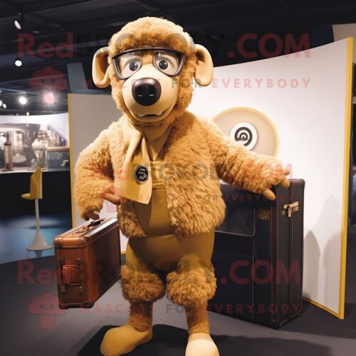 Personnage De Costume De Mascotte Redbrokoly De Mouton Mérinos Doré Habillé D'un Body Et De Porte-Documents