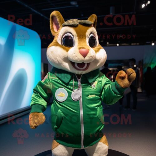 Personnage De Costume De Mascotte Redbrokoly Chipmunk Vert Habillé D'un Blouson Aviateur Et De Colliers