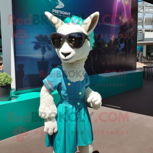 Personnage De Costume De Mascotte Redbrokoly De Chèvre Bleu Sarcelle Habillé D'une Mini Jupe Et De Lunettes De Soleil