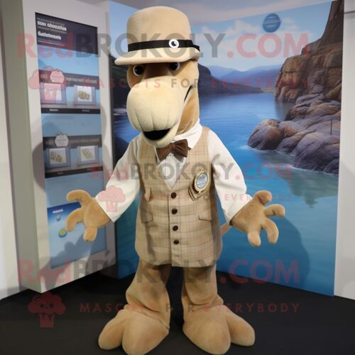 Personnage De Costume De Mascotte Redbrokoly De Monstre Du Loch Ness Beige Habillé D'un Gilet Et De Bérets