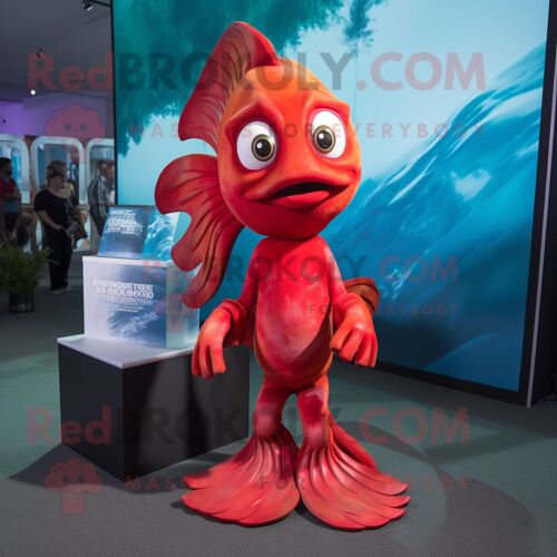 Personnage De Costume De Mascotte Redbrokoly De Poisson Betta Rouge Habillé D'un T-Shirt Graphique Et De Boucles D'oreilles