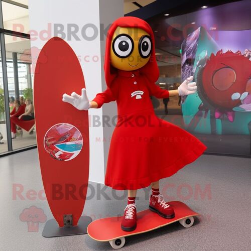 Personnage De Costume De Mascotte Redbrokoly De Skateboard Rouge Habillé D'une Mini Robe Et De Montres
