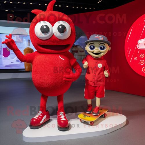 Personnage De Costume De Mascotte Redbrokoly De Skateboard Rouge Habillé D'une Mini Robe Et De Montres