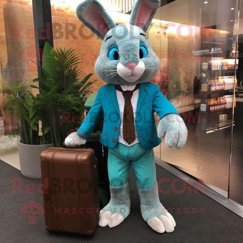 Personnage De Costume De Mascotte Redbrokoly De Lapin Sauvage Turquoise Habillé D'un Gilet Et De Mallettes