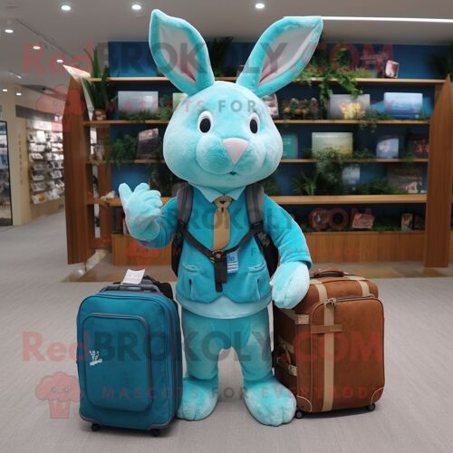 Personnage De Costume De Mascotte Redbrokoly De Lapin Sauvage Turquoise Habillé D'un Gilet Et De Mallettes