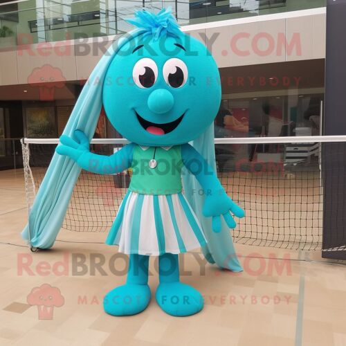 Personnage De Costume De Mascotte Redbrokoly De Filet De Volley-Ball Turquoise Habillé D'une Jupe Plissée Et De Montres