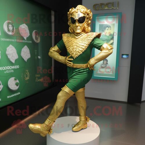 Personnage De Costume De Mascotte Redbrokoly De Chaussures De Danse Irlandaises Dorées Habillé D'un Rash Guard Et De Montres Bracelet
