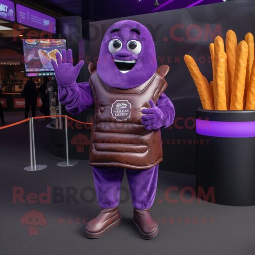 Personnage De Costume De Mascotte Redbrokoly De Frites Violettes Habillé D'une Veste En Cuir Et De Gants