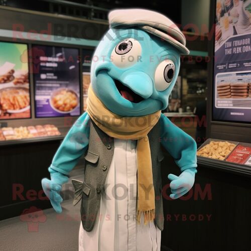 Costume De Mascotte Redbrokoly Teal Fish And Chips Habillé D'une Chemise Boutonnée Et D'écharpes
