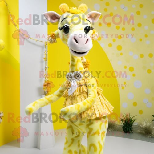 Personnage De Costume De Mascotte Redbrokoly De Girafe Jaune Citron Habillé D'une Jupe Trapèze Et De Colliers