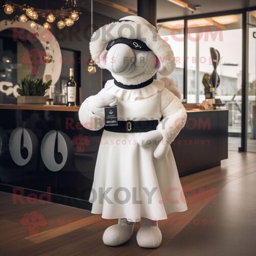 Personnage De Costume De Mascotte Redbrokoly De Mouton Blanc Suffolk Habillé D'une Robe De Cocktail Et De Bérets