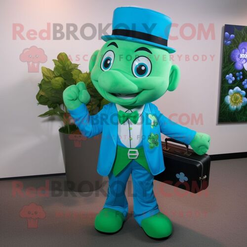 Personnage De Costume De Mascotte Redbrokoly Cyan Bunch Of Shamrocks Habillé D'une Chemise Boutonnée Et De Porte-Documents