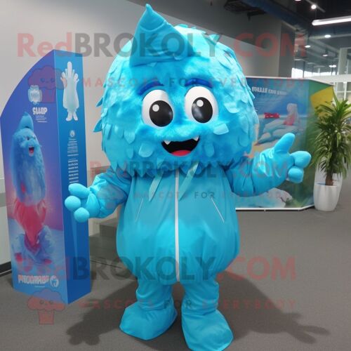 Personnage De Costume De Mascotte Redbrokoly Cyan Ice Habillé D'un Imperméable Et De Sacs À Dos