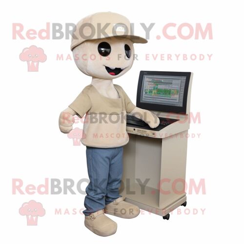 Mascotte Redbrokoly D'ordinateur Beige Déguisement De Personnage Habillé D'un Jeans Et De Bonnets