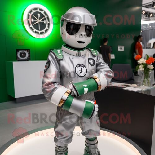 Personnage De Costume De Mascotte Redbrokoly De Drapeau Irlandais Argenté Vêtu D'un Blouson Aviateur Et De Montres Intelligentes
