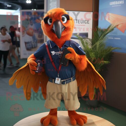 Personnage De Costume De Mascotte Redbrokoly De Vautour Orange Vêtu D'un Short En Jean Et De Pochettes