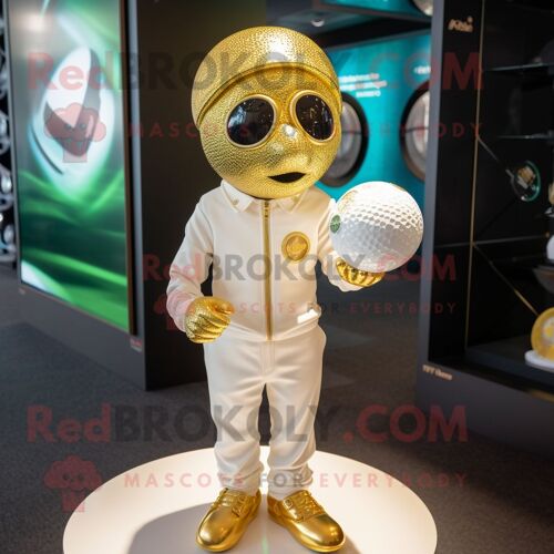 Personnage De Costume De Mascotte Redbrokoly De Balle De Golf En Or Habillé D'une Barboteuse Et D'épinglettes