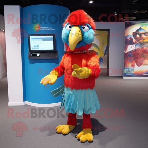 Personnage De Costume De Mascotte Redbrokoly Macaw Habillé D'une Mini Jupe Et De Bonnets