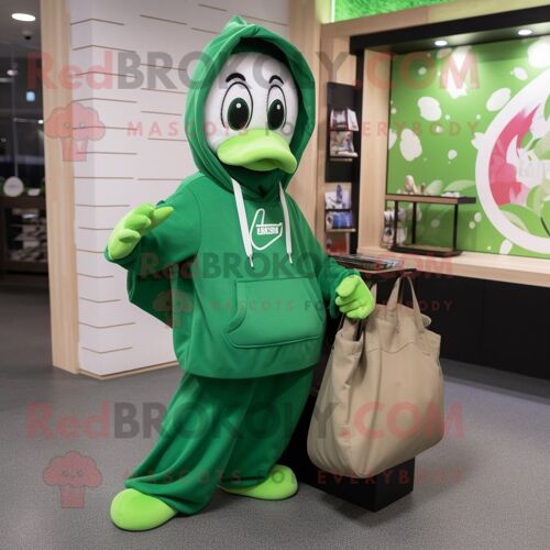 Personnage De Costume De Mascotte Redbrokoly De Cygne Vert Habillé D'un Sweat À Capuche Et De Sacs Fourre-Tout