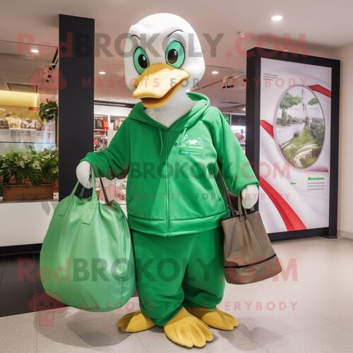 Personnage De Costume De Mascotte Redbrokoly De Cygne Vert Habillé D'un Sweat À Capuche Et De Sacs Fourre-Tout