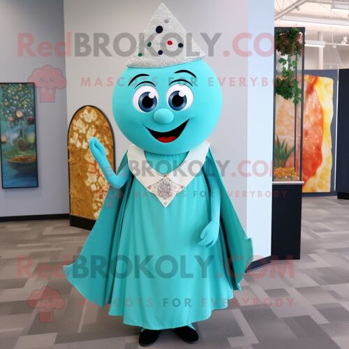 Personnage De Costume De Mascotte Redbrokoly Cyan Pizza Slice Habillé D'une Robe Taille Empire Et De Colliers