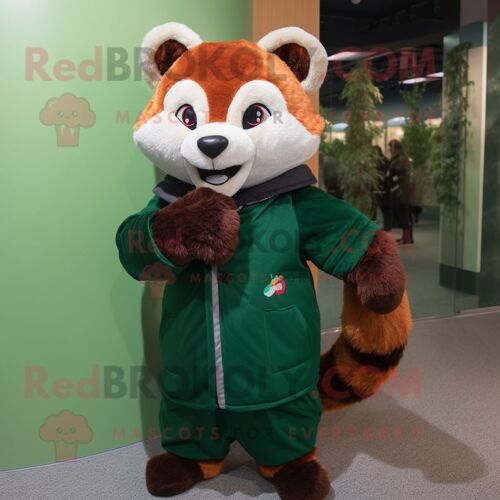 Personnage De Costume De Mascotte Redbrokoly De Panda Rouge Vert Forêt Habillé D'un Pull Et De Mitaines