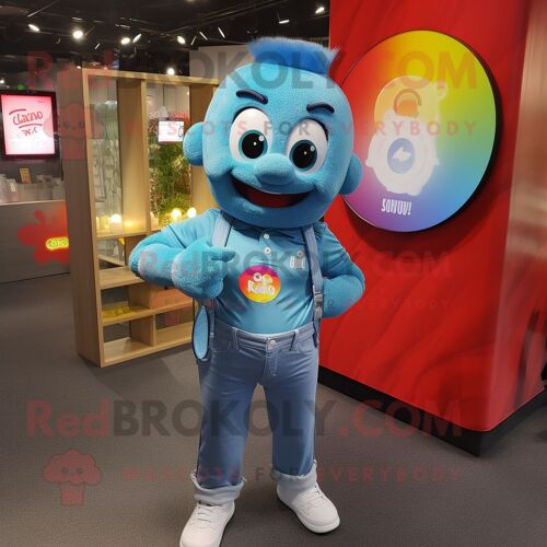 Personnage De Costume De Mascotte Redbrokoly Arc-En-Ciel Cyan Habillé D'une Chemise En Jean Et De Montres Intelligentes