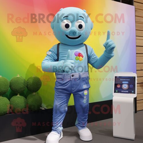 Personnage De Costume De Mascotte Redbrokoly Arc-En-Ciel Cyan Habillé D'une Chemise En Jean Et De Montres Intelligentes