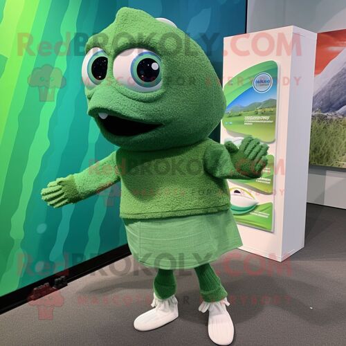 Mascotte Redbrokoly De Personnage Saumon Vert Habillé D'un Pull Et De Boucles D'oreilles