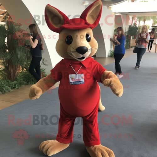 Mascotte Redbrokoly De Personnage De Kangourou Rouge Habillé D'un Jean Bootcut Et De Montres Bracelet