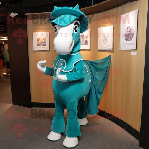 Mascotte Redbrokoly De Personnage De Fer À Cheval Bleu Sarcelle Habillé D'une Mini Robe Et De Pochettes
